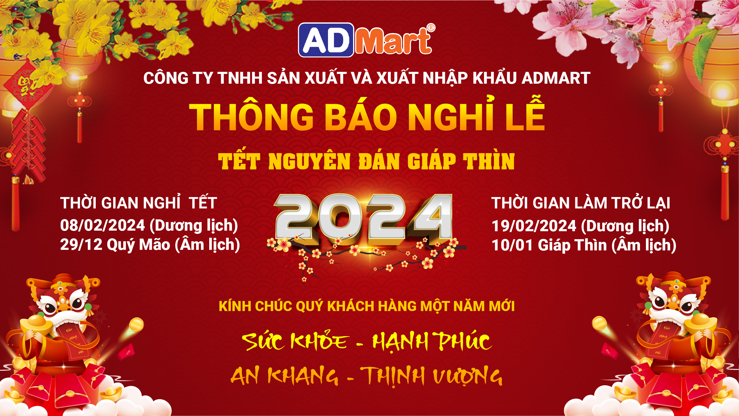 Thông báo lịch nghỉ Tết Nguyên Đán 2024